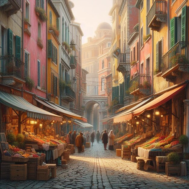 PSD old colorful french street market crowded with people in muted colors illustration