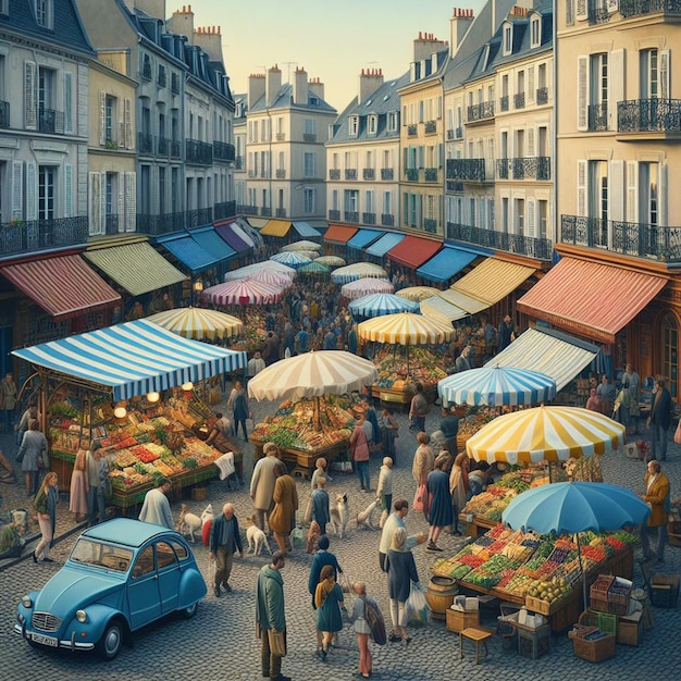 PSD vecchio mercato stradale francese colorato affollato di persone in colori sfumati illustrazione