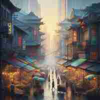 PSD old colorful oriental street market crowded with people in muted colors illustration