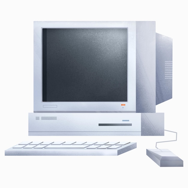 An old computer with a white keyboard and a white monitor.