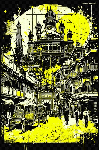 Old delhi chandni chowk con la scena stradale caotica rickshaws psd t-shirt vettoriale tattoo ink scape art