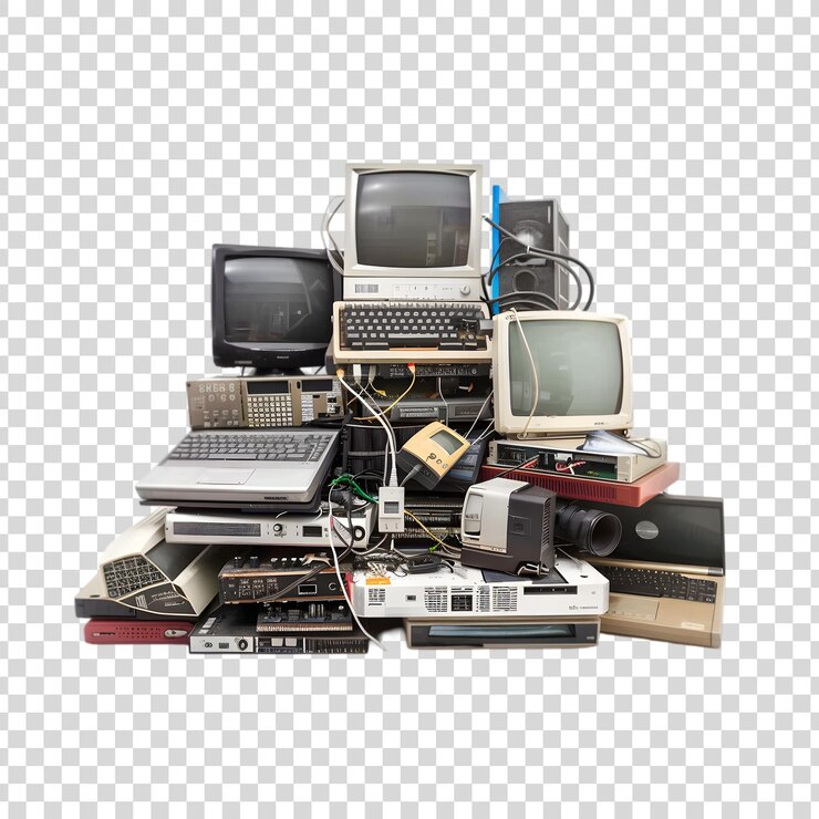 PSD old electronic devices pile isolated on a transparent background
