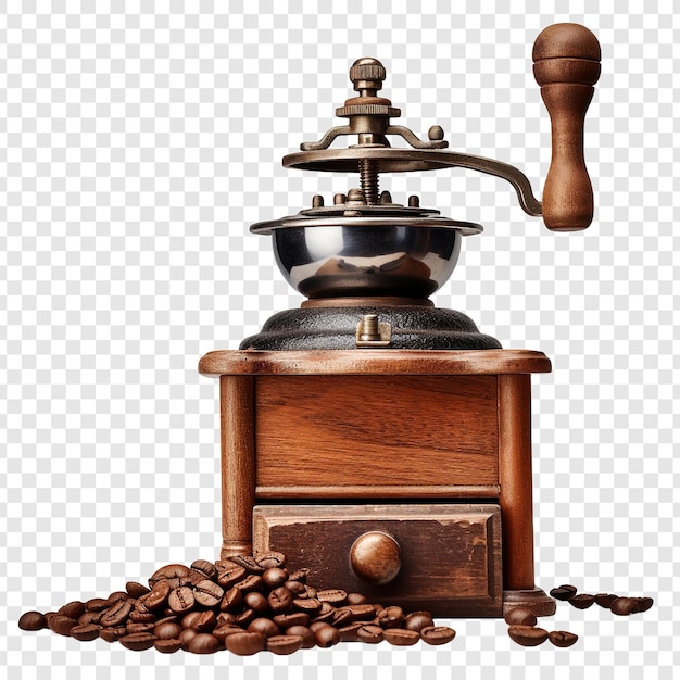 PSD old fashioned coffee grinder for grinding beans isolated on transparent background