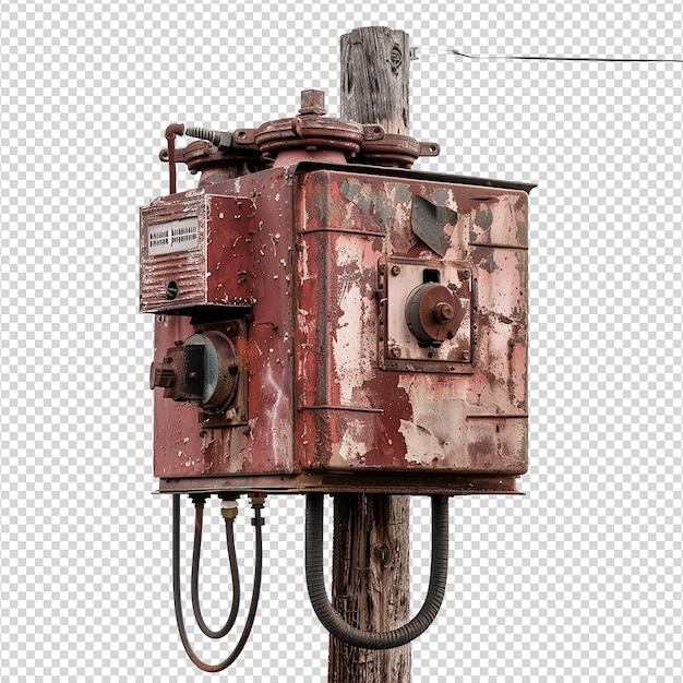 PSD old fashioned electric transformer on a pole isolated on transparent background