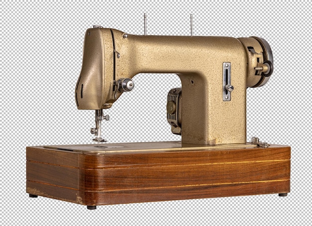 Old golden sewing machine standing on a wooden base isolated on transparent background
