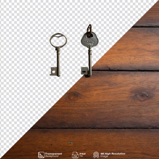 PSD old keys on a dimly lit wooden floor isolated