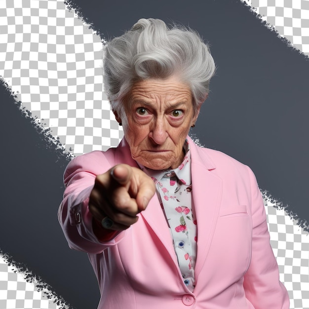 PSD Старуха с серьезным выражением лица, указывающая на пустое пространство бабушка в синем костюме и розовой рубашке с серой причёской студийный портрет, изолированный на прозрачном фоне
