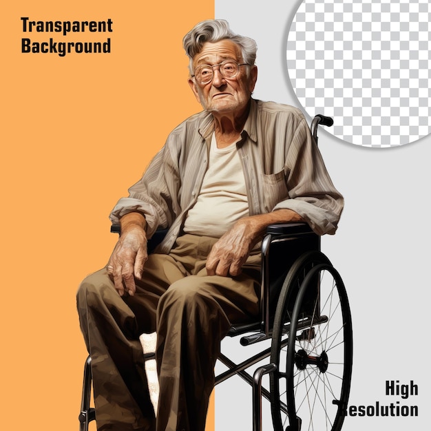 PSD 車椅子に座っている老人 病気の老人が車椅子に独りで座っている アルファの背景で孤立している png