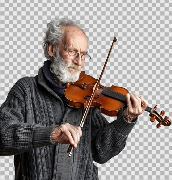 Old man playing violin on isolated transparent background