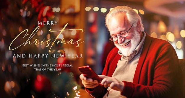 Old man smiling while using mobile phone in a cozy interior during Christmas holidays