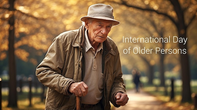 Old man walking with a walking stick intenational day for older persons