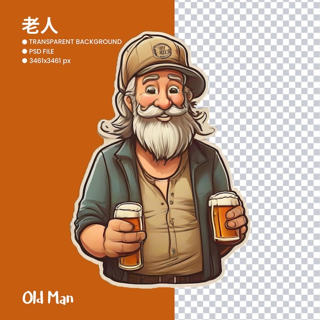 Old man with beer illustration with transparent background