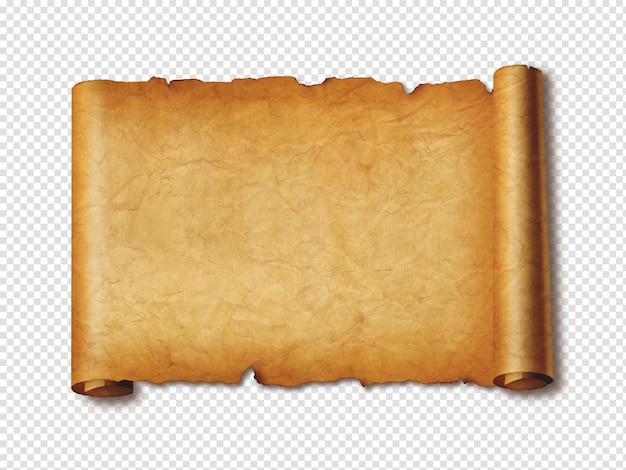 Old mediaeval paper sheet Horizontal parchment scroll isolated on white with shadow