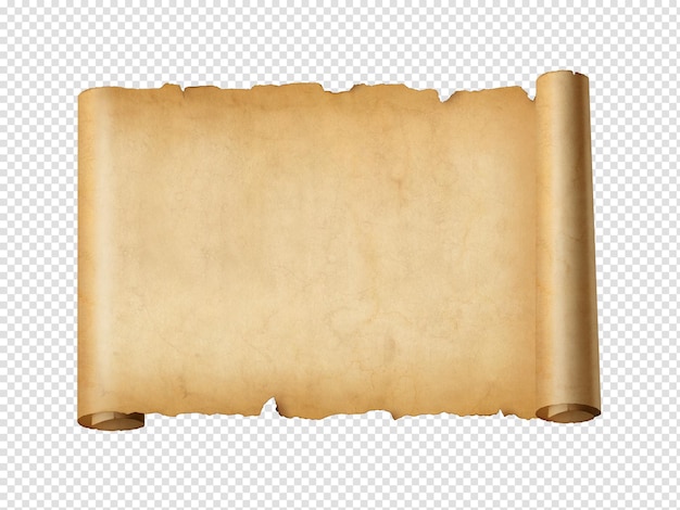PSD vecchio foglio di carta medievale rotolo di pergamena orizzontale isolato su bianco con ombra