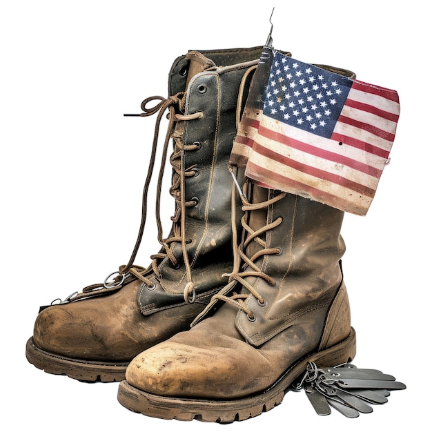 PSD old military combat boots with the american flag and dog tags