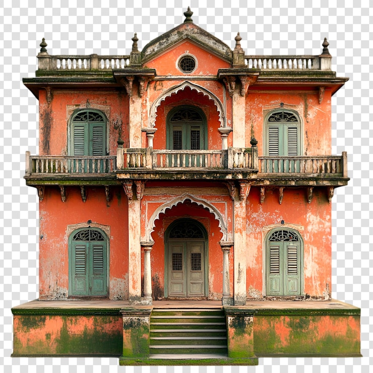 PSD old orange mansion with weathered facade balconies and arched doorways