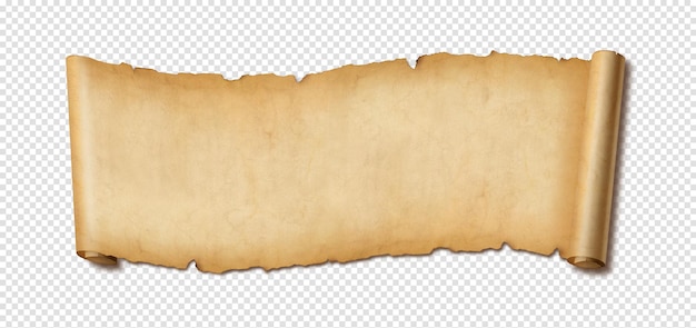 PSD old paper horizontal banner parchment scroll isolated on white with shadow