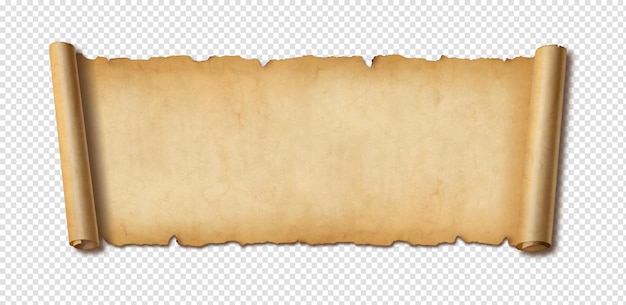 PSD old paper horizontal banner parchment scroll isolated on white with shadow