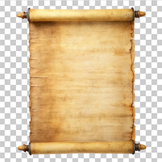 old paper manuscript or papyrus scroll vertically oriented isolated on transparent background