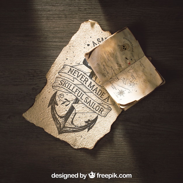 PSD vecchio modello di carta con la vela e il concetto di avventura