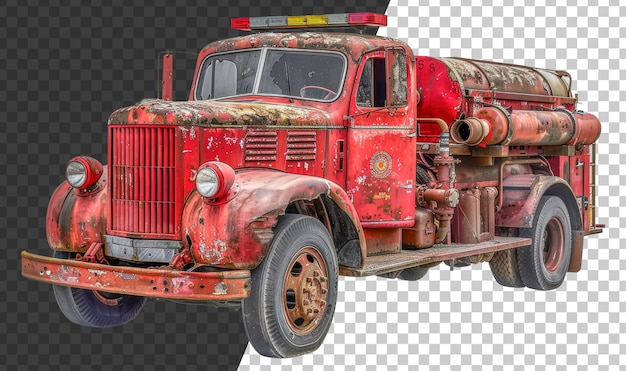 PSD an old red fire truck with a yellow light on top stock png