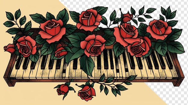 PSD 透明な背景のフォトリアルなスタイルのオールドスクールピアノキーとバラのタトゥーテンプレート