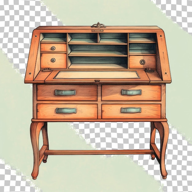 PSD old secretary desk depicted in a vintage sketch