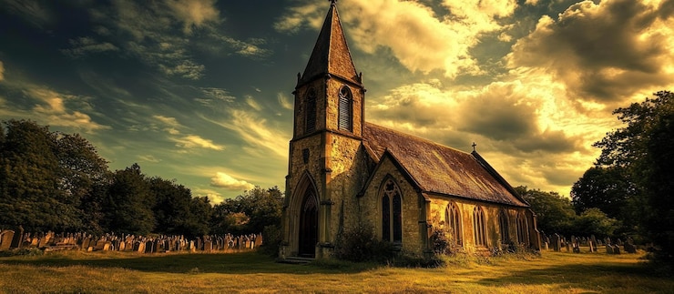 PSD an old weathered church with a steeple stands in a graveyard with golden clouds overhead