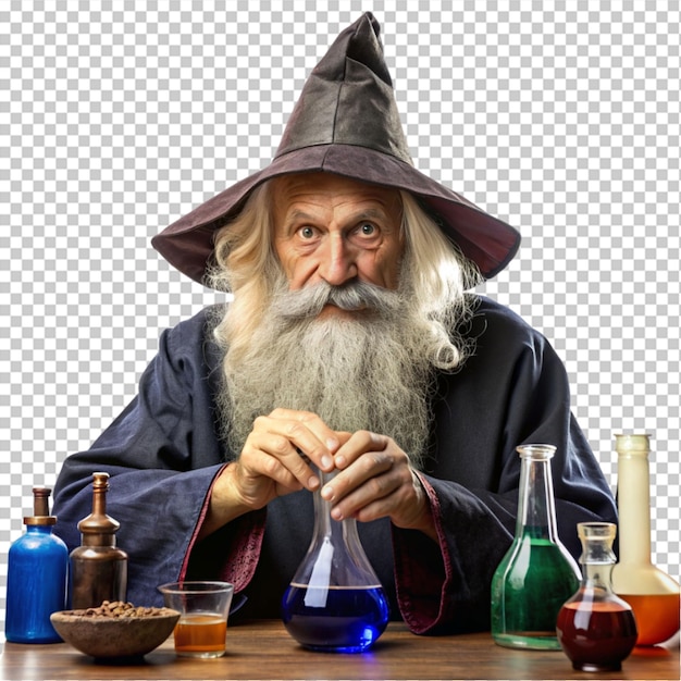 PSD old wizard in his laboratory on transparent background