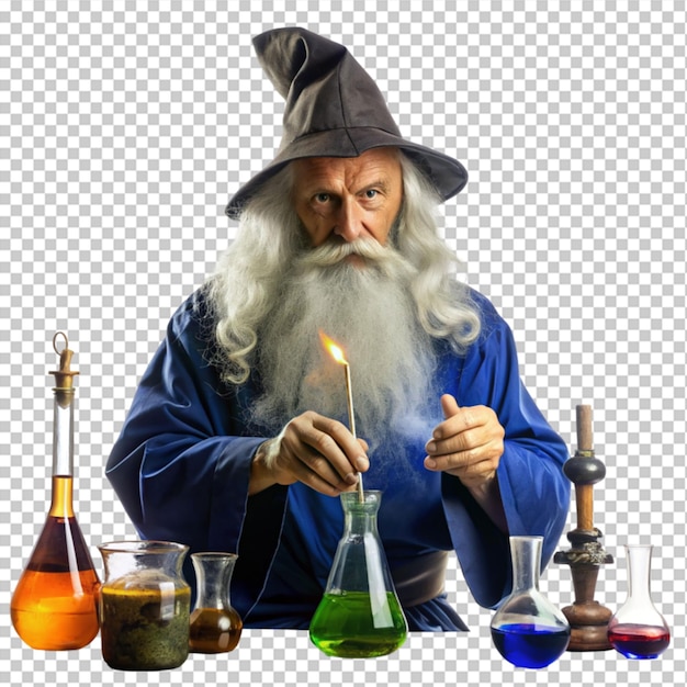 PSD vecchio mago nel suo laboratorio su uno sfondo trasparente