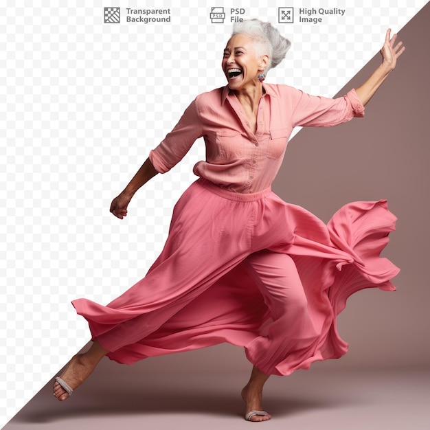 PSD an old woman dancing with a pink dress on her back.