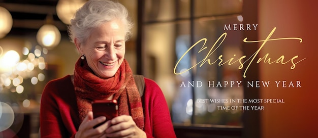 Old woman smiling while using smartphone in cozy home during Christmas holidays with lights bokeh