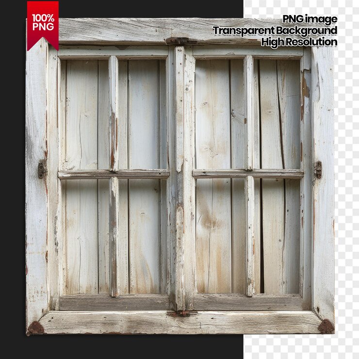 PSD old wooden window with a weathered white paint finish background removed