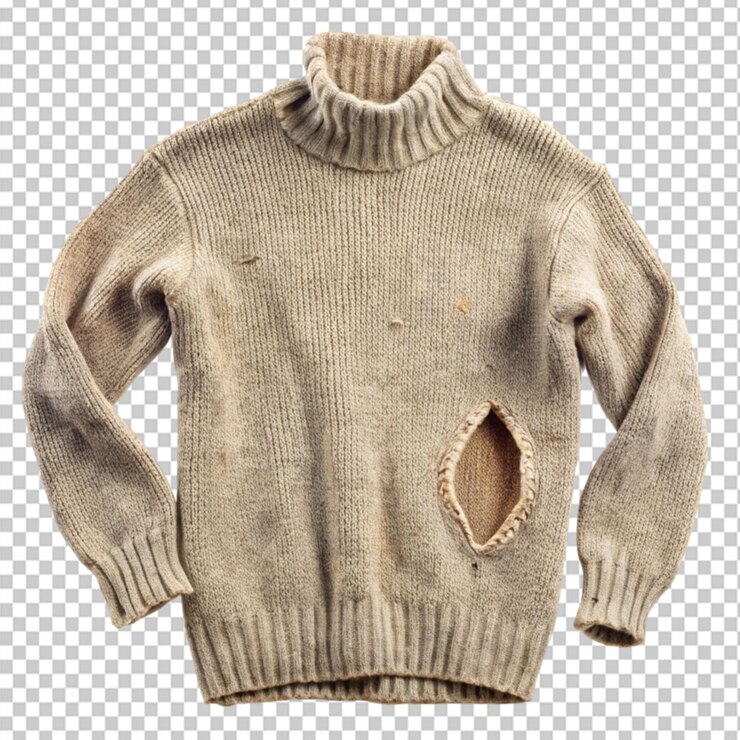 PSD old wool sweater with hole on transparent background