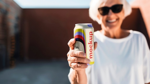 PSD older person with drink can mockup