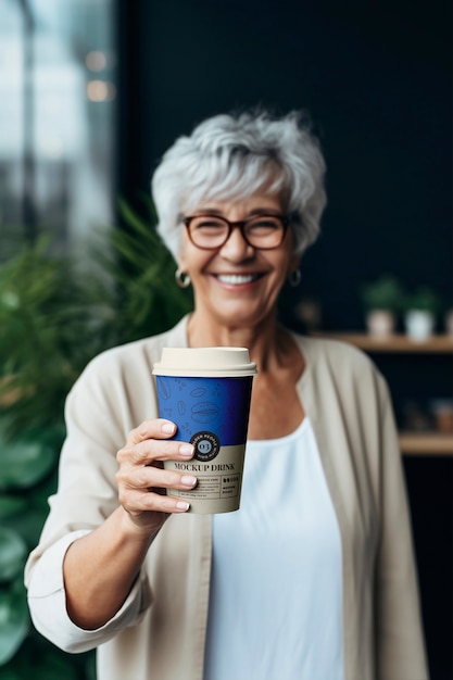 PSD older person with drink mockup