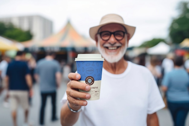 PSD older person with drink mockup