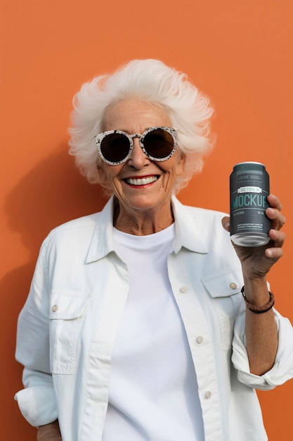 PSD older person with drink mockup