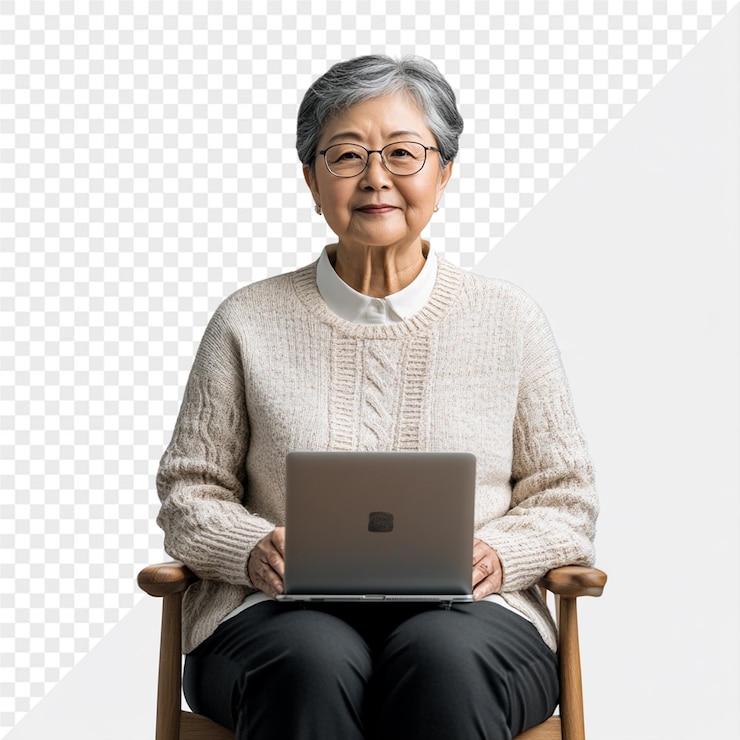 PSD 한 노인 여성이 무에 노트북을 들고 의자에 앉아 있다.