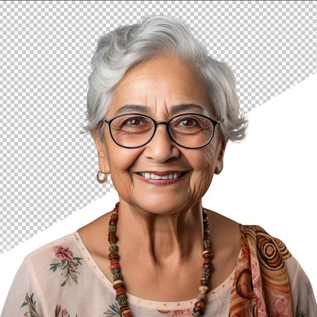 PSD an older woman with glasses and a necklace on