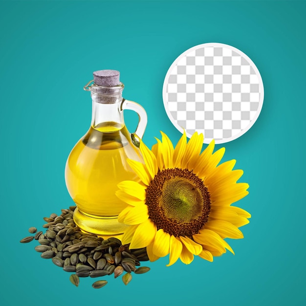 PSD olej z nasion słonecznika realistyczny zestaw kropli oleju pomarańczowy kwiat i plastikowa butelka na przezroczystym tle