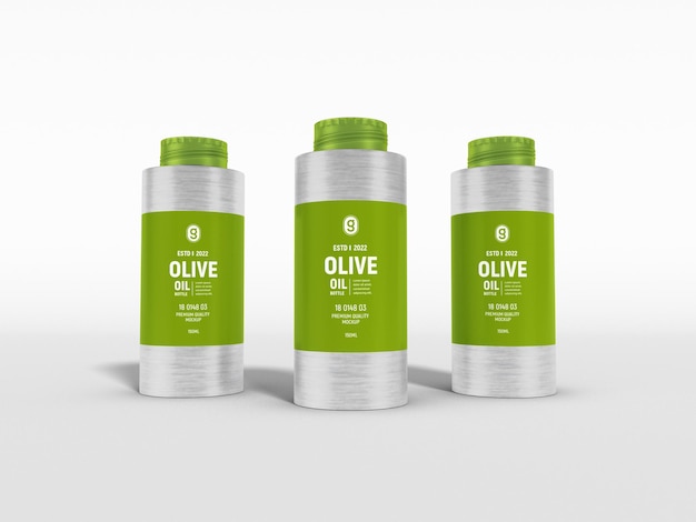 Olijfolie metalen fles branding mockup