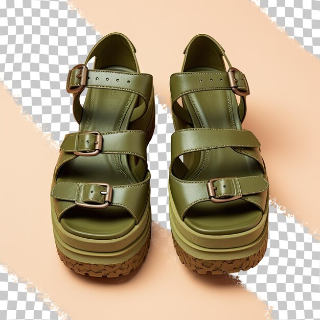 Olive colored platform sandals for women viewed from the top isolated in transparent background