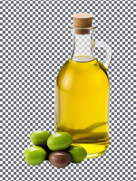 Olive oil bottle with fresh olives isolated on transparent background