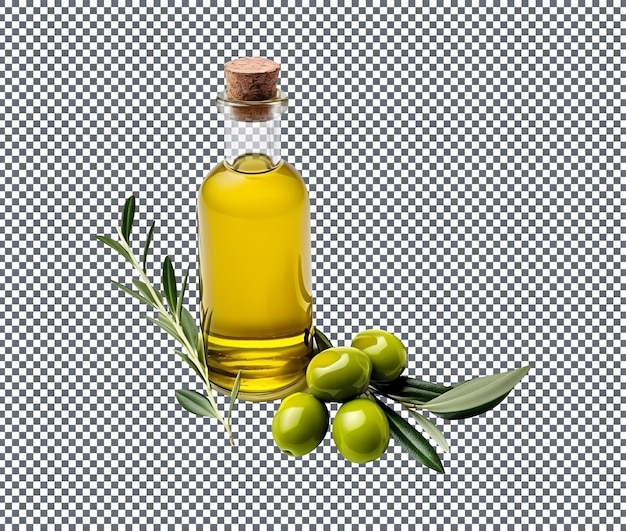 olive oil bottle with fresh olives isolated on transparent background