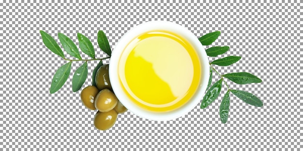 Olive oil in bowl with green leaves top view isolated on transparent background