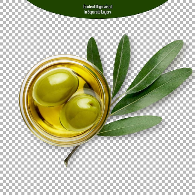 Olive oil in a transparent bowl isolated in transparent background