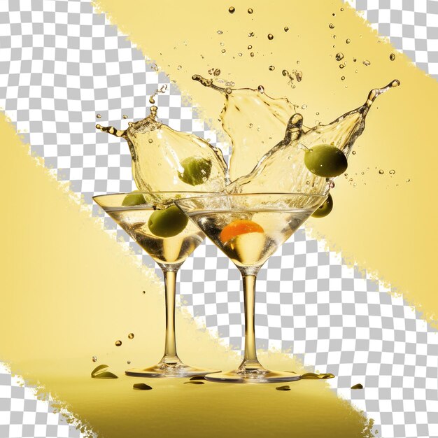 PSD olives simultaneously drop into three martini glasses