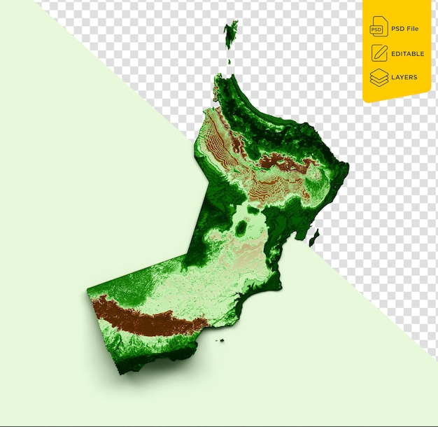 PSD mappa topografica dell'oman 3d mappa realistica a colori su sfondo verde pastello illustrazione 3d