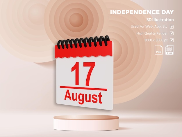 PSD onafhankelijkheidsdag indonesië 3d illustratie pictogram kalender 17 augustus